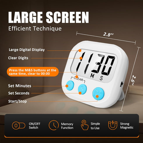 2 Pack Digital Kitchen Timer for Cooking Big Digits Loud Alarm Magnetic Backing Stand Cooking Timers for Baking White...