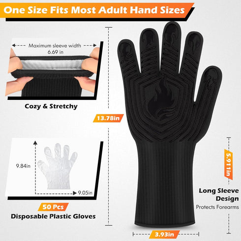 BBQ Gloves, 1472°F Heat Resistant Fireproof Mitts, Silicone Non-Slip Washable Oven Kitchen Gloves for Barbecue, Grilling, Cooking, Baking, Camping...