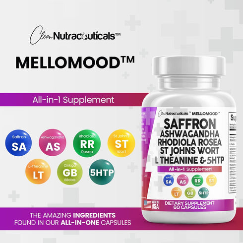 Clean Saffron Supplements with Ashwagandha 8000mg - Mood Support with L-Theanine 200mg, Ginkgo Biloba 6000mg, St. John's Wort 6000mg, Rhodiola Ros...