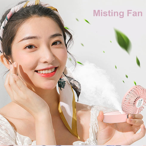 Mini Desk Fan, 3-IN-1 Portable Misting Fan, Necklace Hand Fan with Colorful LED, Small Handheld Fan Foldable, Quiet, Lanyard, Personal Fan for Wom...