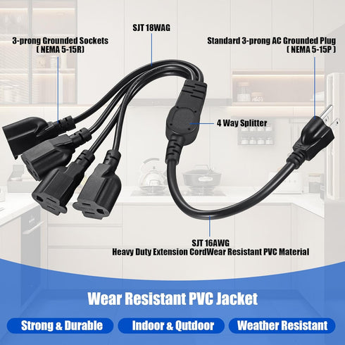 4 Outlet Power Cord, NEMA 5-15P to 5-15R 3 Prong 1 to 4 Y Splitter US AC Male and Female Power Cable SJT 16AWG Outlet Saver, 4 Way Extension Cord ...