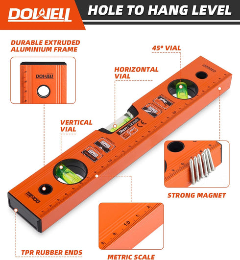DOWELL 12 Inch Magnetic Spirit Level with Metric Scale, 3 Different Bubbles-45°/90°/180°HY030660...