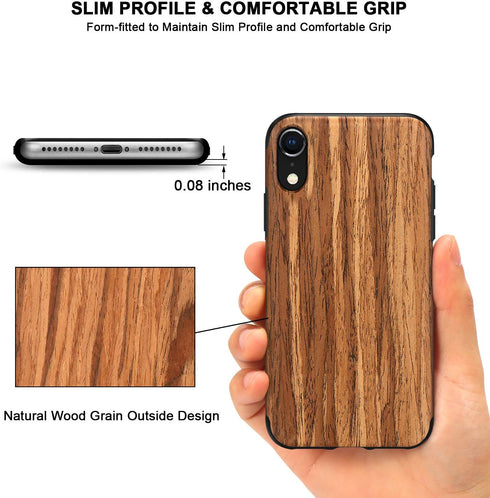 TENDLIN Compatible with iPhone XR Case Wood Grain Outside Design and Flexible TPU Silicone Hybrid Slim Case Compatible with iPhone XR (Red Sandalw...