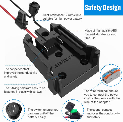 Power Wheel Adapter with Fuse&Switch for Milwaukee 18V Battery, Non-Blown Tight Battery Adapter with 4Pcs 30A Fuse and Wire Terminal, 12 AWG Wire,...