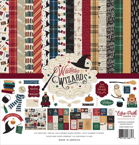 Echo Park Paper Collection Bundle: Witches and Wizards 12 x 12 Collection Kit + Witches and Wizards 12 x 12 Cardstock Elements Sticker Sheet...