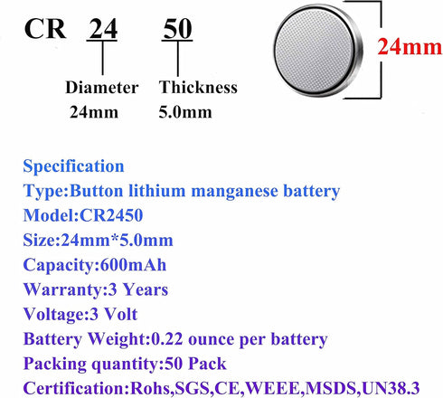 50 Pack 3V High Capacity Lithium Button Coin Cell Batteries CR2450 ECR2450 Used in Most Electronic Devices...