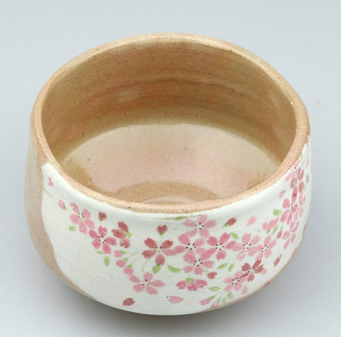 Yamakiikai Minou Pottery Japanese Tea Bowl Shirokesho Pink Cherry blossoms Made by ???? (KaneJin) F1727 from Japan...