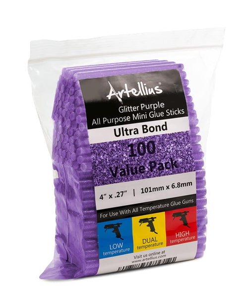 Artellius - Purple Glitter Hot Glue Sticks 4" x.27" (100 Bulk Pack) - Ultra Bond Hot Melt Adhesive Mini Glue Sticks for All temperature Glue Guns...