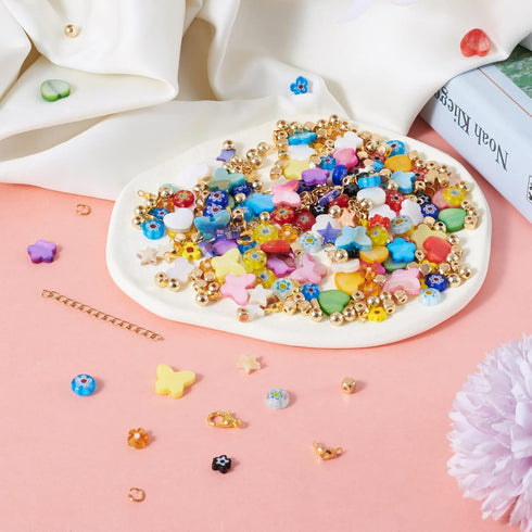 Cheriswelry Box of DIY Jewelry Making Finding Kit with Natural Shell Beads Millefiori Glass Beads Alloy Charms Plastic Beads Jump Rings Lobster Cl...