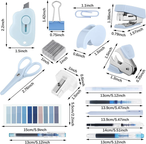 Mini Office Supply Kit Includes Stapler Tape Dispenser Staple Remover Paper Clips Scissor Staples Pen Sharpener Note Small Telescopic Knife for Of...