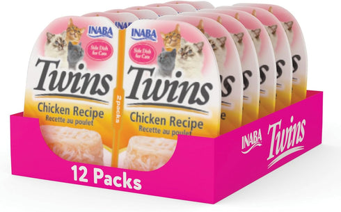 INABA Twins for Cats, Grain-Free Shredded Chicken & Broth Gelée Side Dish/Complement/Topper Cups, 1.23 Ounce - 2 Count (Pack of 6), Chicken Recipe...