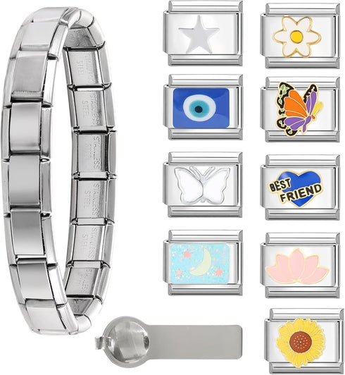 Italian Charms Bracelet Sets with 1Pcs Starter Brascelet,9Pcs Charms and Opening Tools,9mm Italian Modular Charm Bracelet Link Handmade DIY Module...