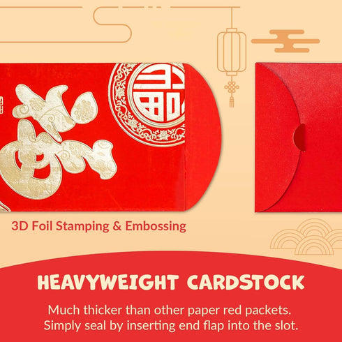 Chinese New Year Red Envelopes - 24-Count Chinese Red Packets, Hong Bao with Gold Foil Design, Gift Money Envelopes, Fu, He, 2 Designs...