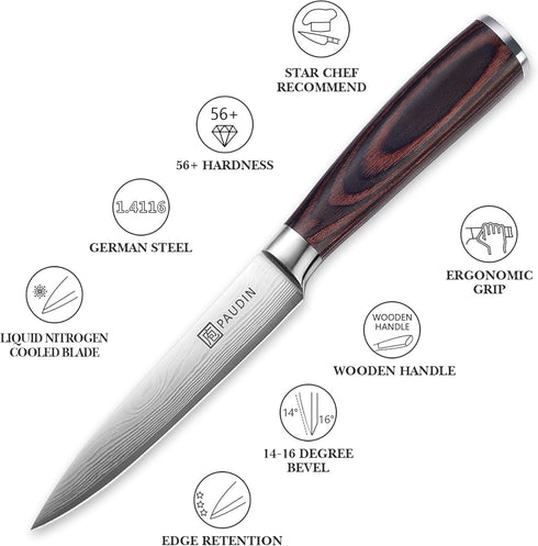PAUDIN Utility Knife, 5 Inch Chef Knife, Ultra Sharp High Carbon Stainless Steel, Multipurpose Paring Knife for Fruit and Vegetable Cutting with W...