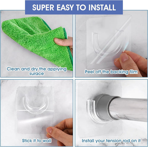 Sibba Shower Rod Holder 4Pcs Sticky Curtain Rod Bracket No Drilling Retainer Clear Tension Hooks Liners Support Mount Sticker Heavy Duty Wall Hold...