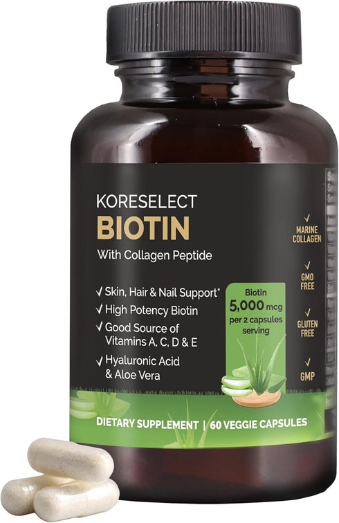 Biotin Collagen Capsules 5000mg, with B7 and Multivitamins, Hyaluronic Acid, Aloe for Men & Women, hair, nail, skin care, 60 Capsules...