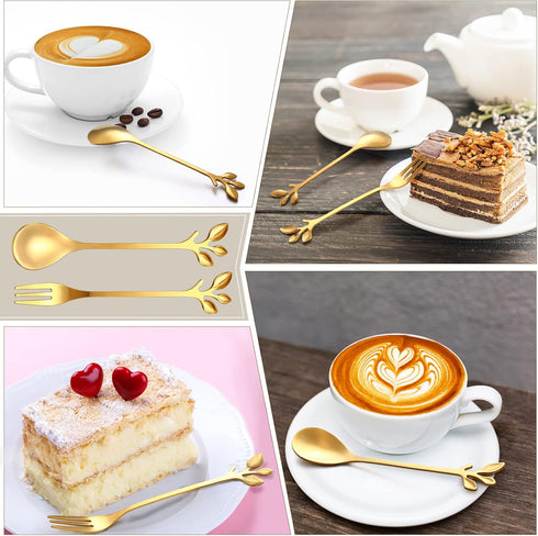Stainless Steel Leaf Coffee Spoon and Appetizer Fork Tableware Dessert Spoon Mini Dessert Utensils Set Creative Demitasse Spoons and Forks for Sti...