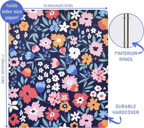 Romantic Floral Art Deco Hardcover 3 Ring Binder for Letter Size Paper, 1 Inch Round Rings,Flower Ring Binder Organizer with Two Interior Pockets ...