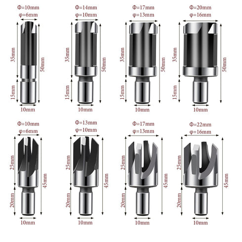 8 PCS Wood Plug Cutter, Wood Cutting Tool Straight and Tapered Plug Cutter Set Wood Plug Cutters for Woodworking Tenon Cutter Four Sizes Plug Cutt...