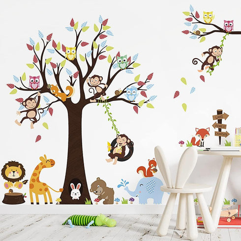 LiveGallery Cartoon Animals Wall Decals Removable Tree Wall Stickers DIY Owls Wall Art Cute Monkey Elephant Giraffe Wall Decal for Kids Boys Child...