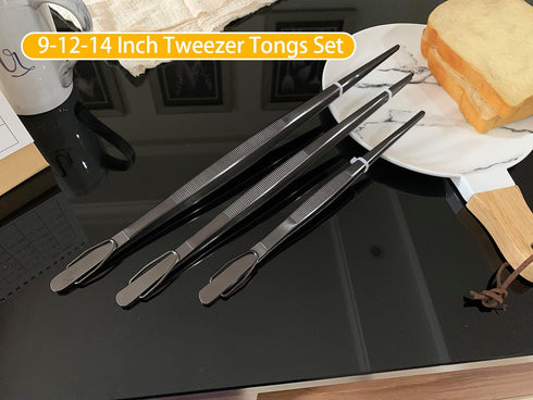 JETKONG Extra Long Kitchen Tweezers Heavy Duty Stainless Steel Cooking Tweezers, Set of 3 (9 12 14 Inch, Black)...