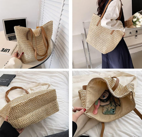 Large Straw Beach Bag for Womens, Straw Handbag Woven Tote Bag With Zipper Summer Straw Shoulder Bag...