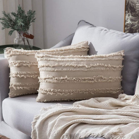 MIULEE Set of 2 Decorative Boho Throw Pillow Covers Linen Striped Jacquard Pattern Cushion Covers for Sofa Couch Living Room Bedroom 12x20 Inch Be...