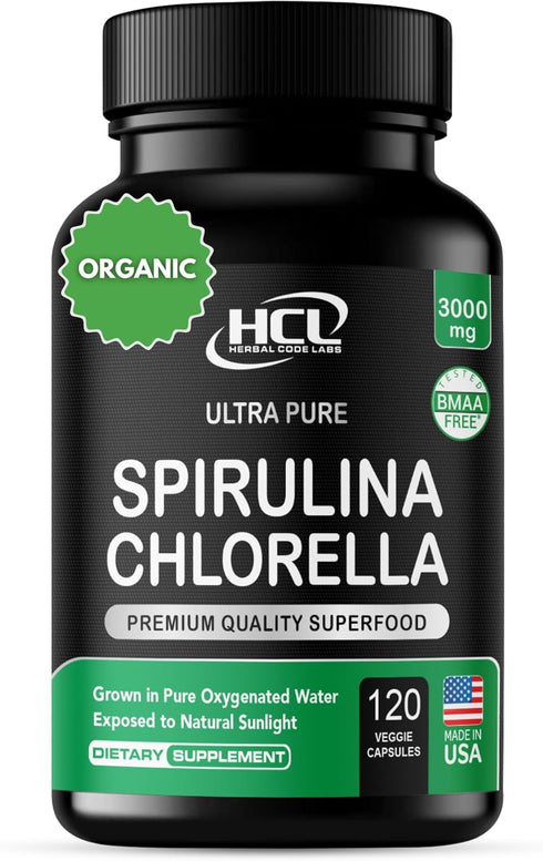 Chlorella Spirulina Powder Capsules Organic 3000 mg of BMAA Free Purest Blue Green Algae - Best Natural Detox Raw Vegan Vitamins Protein Green Sup...
