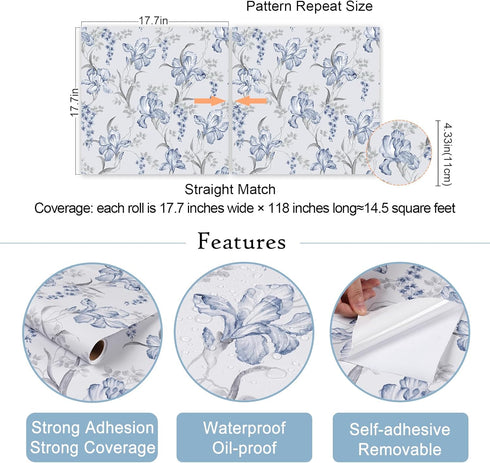 17.7"x118" Blue Grey Floral Peel and Stick Wallpaper Iris Flower Bouquet Leaf Mural Wallpaper Floral Contact Paper Self Adhesive Removable Floral ...