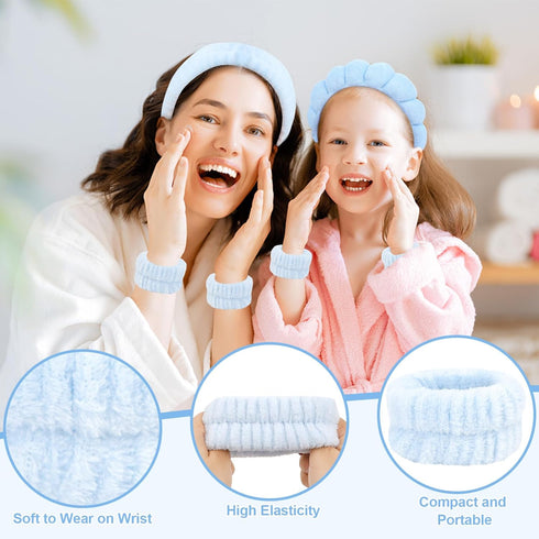 6Pcs Blue Spa Headbands and Wrist Washbands Set, Skincare Headbands Sponge Face Wash Headband Makeup Headband, Terry Cloth Headbands Face Towel Wr...