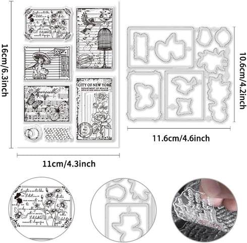 2pcs Animal Postage Clear Stamp and Die Cut Set Postmark Rubber Stamp Bird Frame Cutting Dies Flower Bee Silicone Stamps and Dies for DIY Scrapboo...