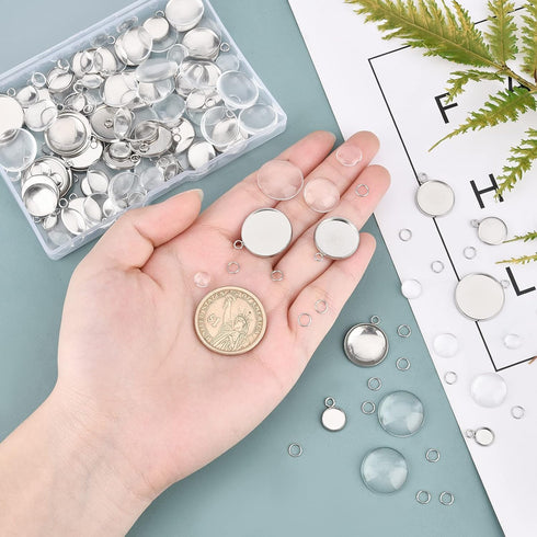 UNICRAFTALE About 60pcs Stainless Steel Bezel Trays Flat Round Pendant Trays Bezel with Glass Cabochon Pendant Trays Kit with Jump Rings for DIY J...