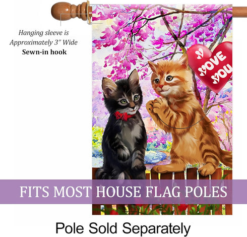 Texupday Cute Cats kitty With Love Heart Balloon Fence Decoration Valentine's Day House Flag Outdoor Wedding Yard Flag 28" x 40"...