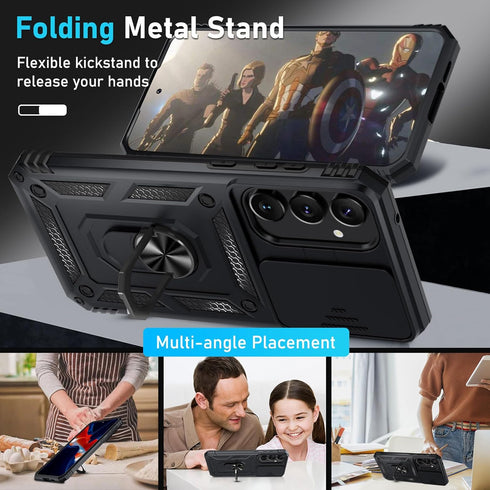 Janmitta for Samsung Galaxy A55 5G Case Built in Slide Camera Lens Cover+Screen Protector+Finger Ring Holder Kickstand,Heavy Duty Shockproof Full ...