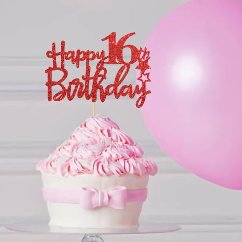 Red Glitter Happy 16th Birthday Cake Topper - Sixteen Sign Cake Topper - Cheers to 16 Years Party Supplies - 16th Birthday Party Decorations...