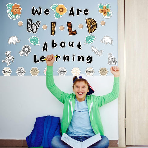 Ctosree 134 Pcs Safari We are Wild about Learning Bulletin Board Set with Sweet Leaf Flower Wood Bead Animals Cutouts Boho Neutral Classroom Bulle...