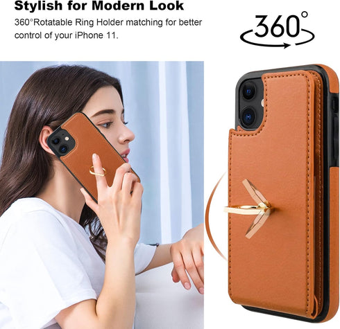 Folosu Compatible with iPhone 11 Case Wallet with Card Holder, 360°Rotation Finger Ring Holder Kickstand Protective RFID Blocking PU Leather Doubl...