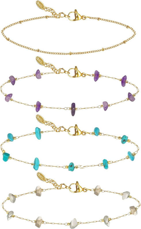 4Pcs Natural Gemstone Stainless Steel Anklets for Women Waterproof Gold Anklets for Women 14k Real Gold Anklet for Teen Girls Adjustable 8.3 "+2 '...