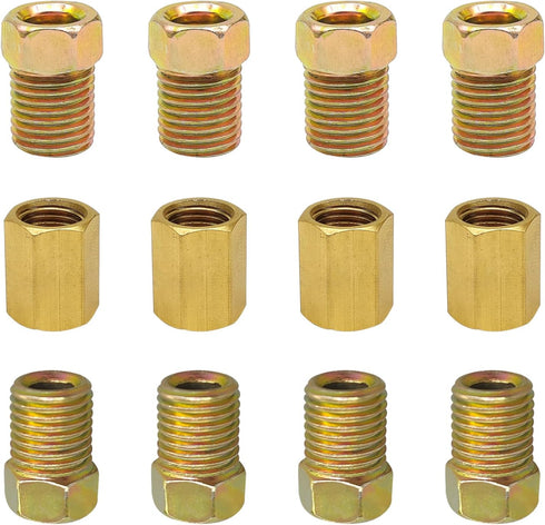 12pcs Brake Line Fittings with 4 Unions and 8 Nuts, 3/8 Inch - 24 Threads Brake Fuel Line Fittings Assortment Brass Inverted Flare Brake Assortmen...