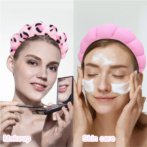 Wecoe 2pcs Skincare Headband For Washing Face Spa Makeup Face Wash Headband Cute Pink Black Cheetah Leopard Printed Puffy Sponge Bubble Headband H...