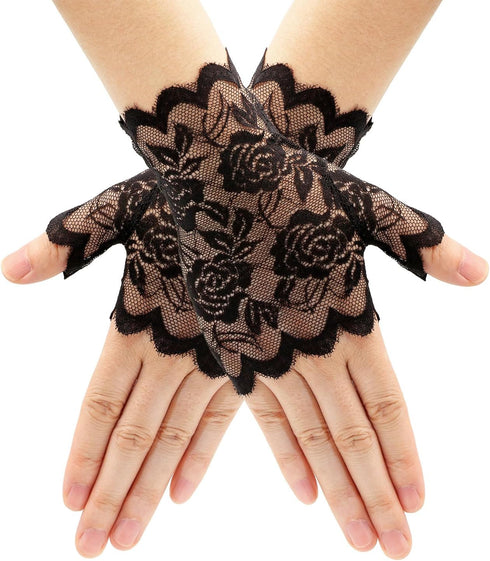 Women Short Lace Gloves 1920s Opera Evening Wedding Sunblock Fingerless Bridal Floral Gloves for Girls...