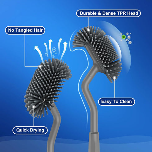 HAMITOR Toilet Bowl Brush holder Set: Deep Cleaning Silicone Toilet Cleaner Scrubber Under Rim with Curved Bristle for Bathroom Dead Corner Clean ...