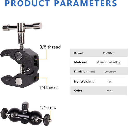 Cool Dual Ball head Magic Arm Adapter Camera Clamp Mount Super Clamp with 1/4 and 3/8 Thread, for DSLR Camera Rig, LED Light, Flash Light, Action ...