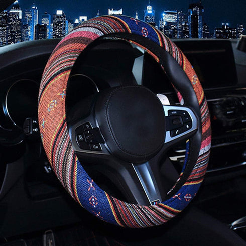 Car Steering Wheel Cover, Coarse Flax Cloth, Ethnic Style, Universal 15 Inch Fit, Anti-Slip Sweat-Absorbent (1#)...