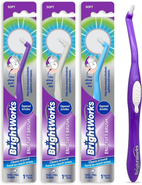 BrightWorks Manual End Tuft Brush, Cleans Difficult Areas Such as Around Crowns, Bridges, implants and Wider Gaps Between Teeth (Pack of 3)...