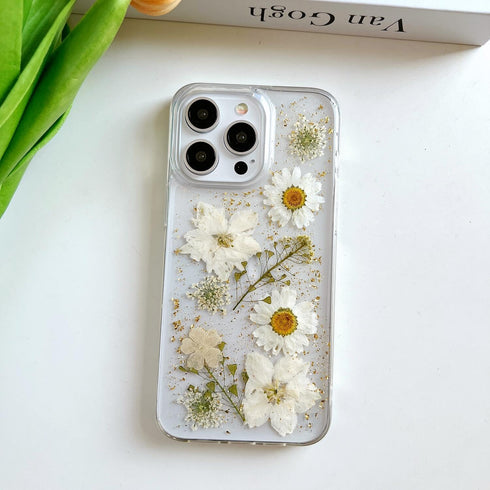 for iPhone 15 Pro Max Clear Case with Pressed Real Flowers Design,Glitter Cute White Floral Pattern Slim Soft TPU Protective Women Girl's Phone Co...