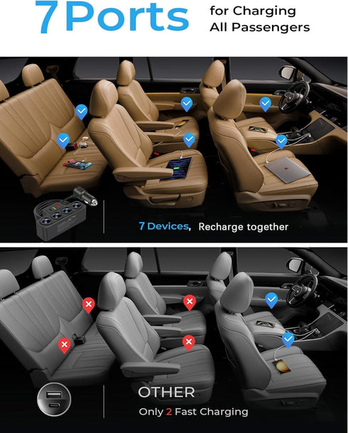Multi-Function Cigarette Lighter Splitter, Cell Phone Charger, Car Charger, 4 Cigarette Lighter Sockets, 1 PD Fast Charger Port 2-Port USB Power A...