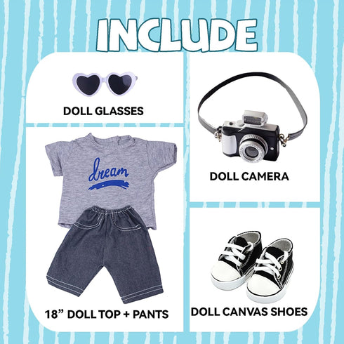 18 Inch Doll Clothes, Baby Doll Accessories with T-Shirt + Jeans + Canvas Shoes + Glasses Suitable for Infant Dolls Baby Girls and Boys 18 Inch Do...