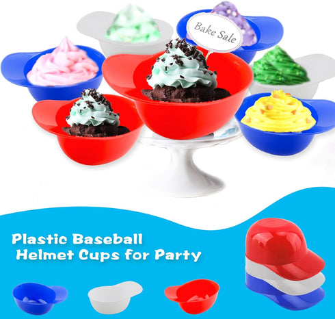 12 Pack Ice Cream Baseball Helmet 8 oz Mini Baseball Cap Snack Bowl Plastic Baseball Hat Chip Bowl for Kids Birthday Party Supplies, 3 Colors...