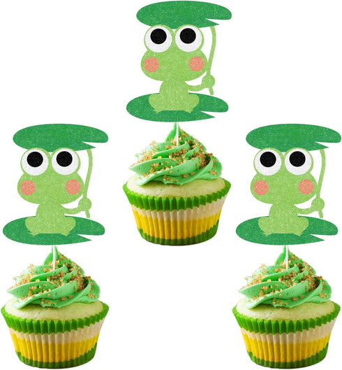 Green Glitter Frog Cupcake Toppers,Princess Frog Food Picks, Rainforest Party Decorations,Frog Birthday Baby Shower Cake Decor,Set of 24...